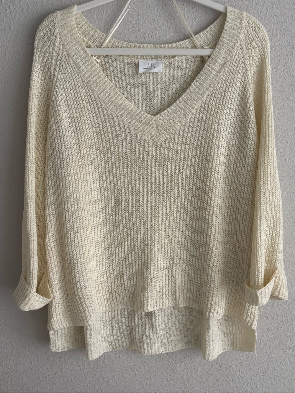 Light Cream V-Neck Knit Sweater - Bobbles & Lace